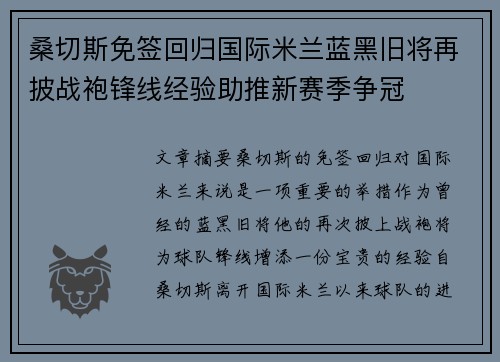 桑切斯免签回归国际米兰蓝黑旧将再披战袍锋线经验助推新赛季争冠
